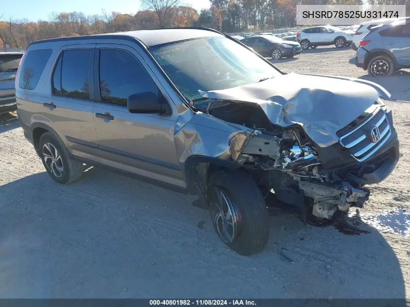 2005 Honda Cr-V Lx VIN: SHSRD78525U331474 Lot: 40801982