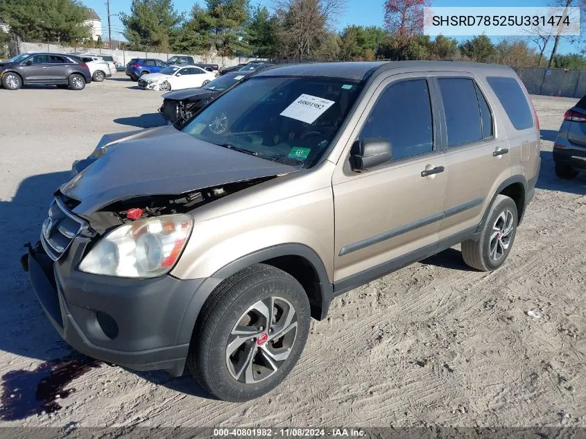 2005 Honda Cr-V Lx VIN: SHSRD78525U331474 Lot: 40801982