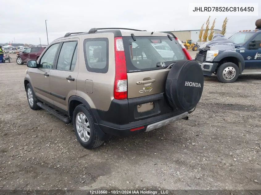 2006 Honda Cr-V VIN: JHLRD78526C816450 Lot: 12133560