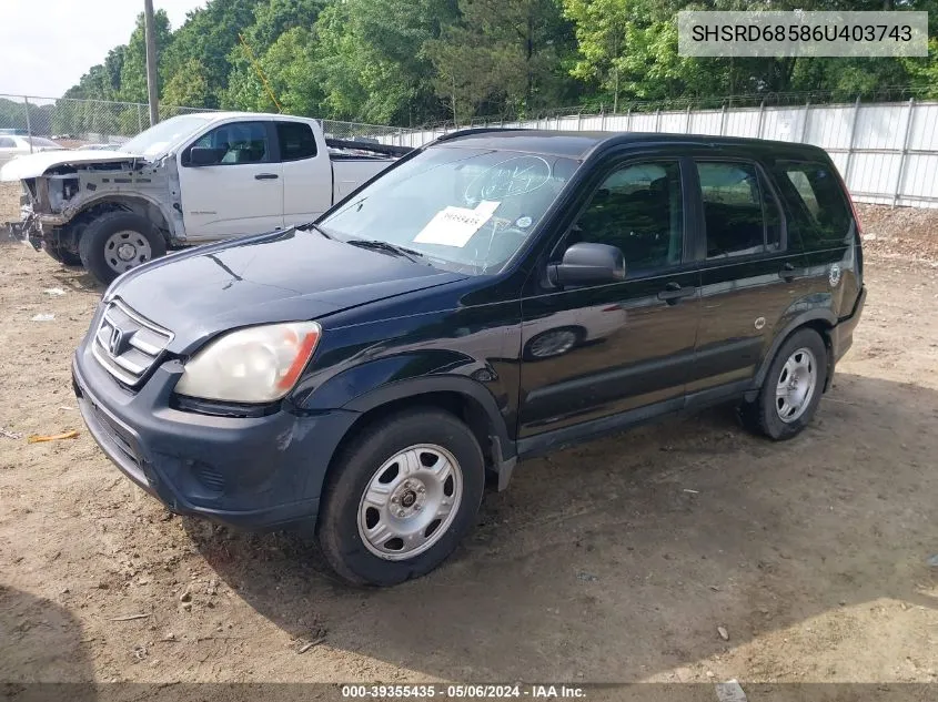 2006 Honda Cr-V Lx VIN: SHSRD68586U403743 Lot: 39355435