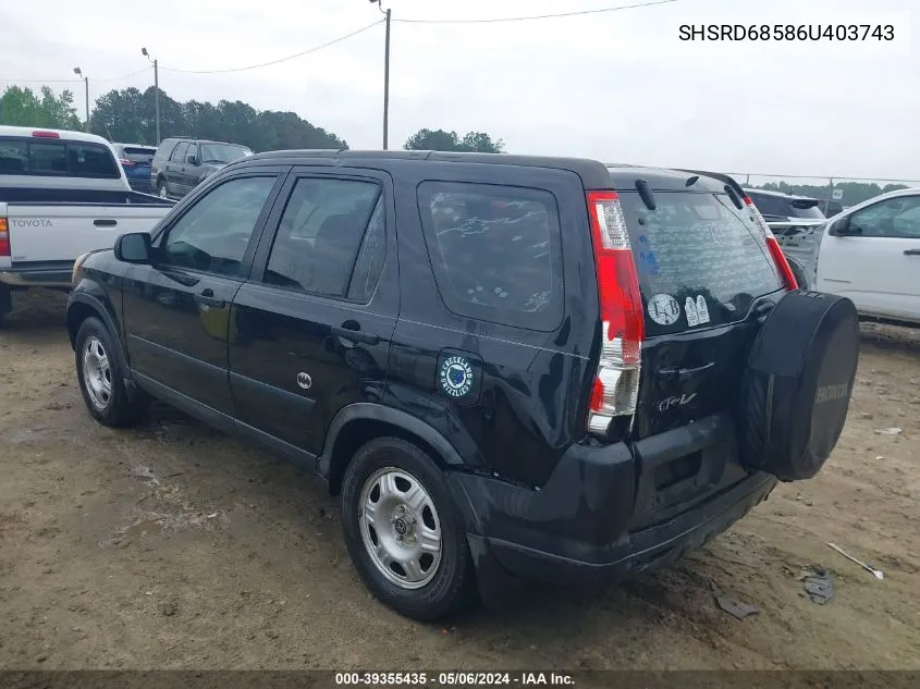 2006 Honda Cr-V Lx VIN: SHSRD68586U403743 Lot: 39355435