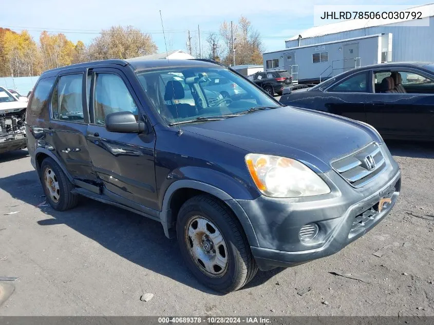 2006 Honda Cr-V Lx VIN: JHLRD78506C030792 Lot: 40689378