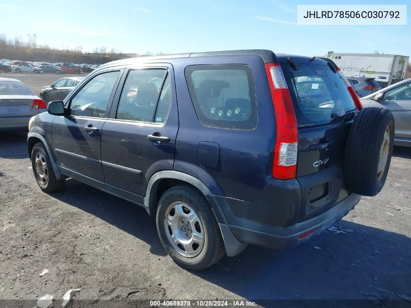 2006 Honda Cr-V Lx VIN: JHLRD78506C030792 Lot: 40689378