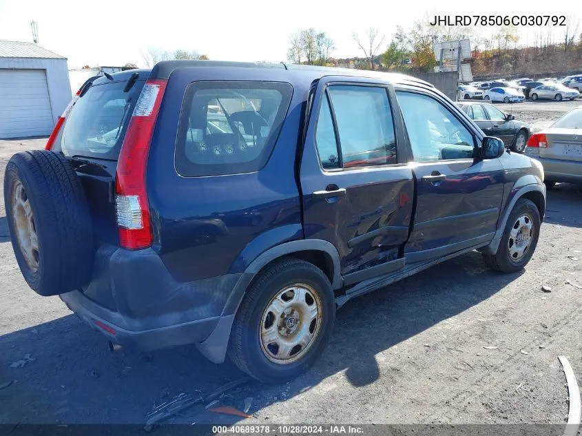 2006 Honda Cr-V Lx VIN: JHLRD78506C030792 Lot: 40689378