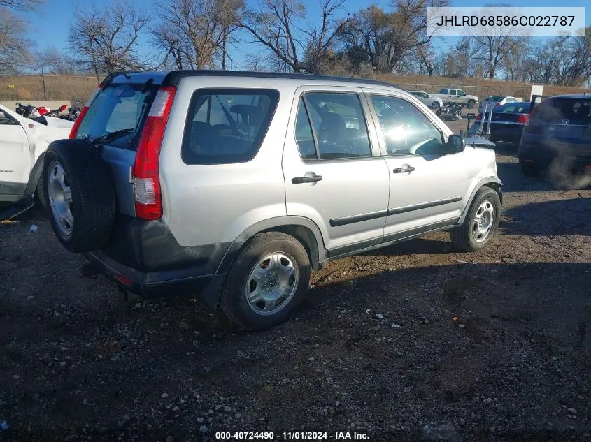 2006 Honda Cr-V Lx VIN: JHLRD68586C022787 Lot: 40724490