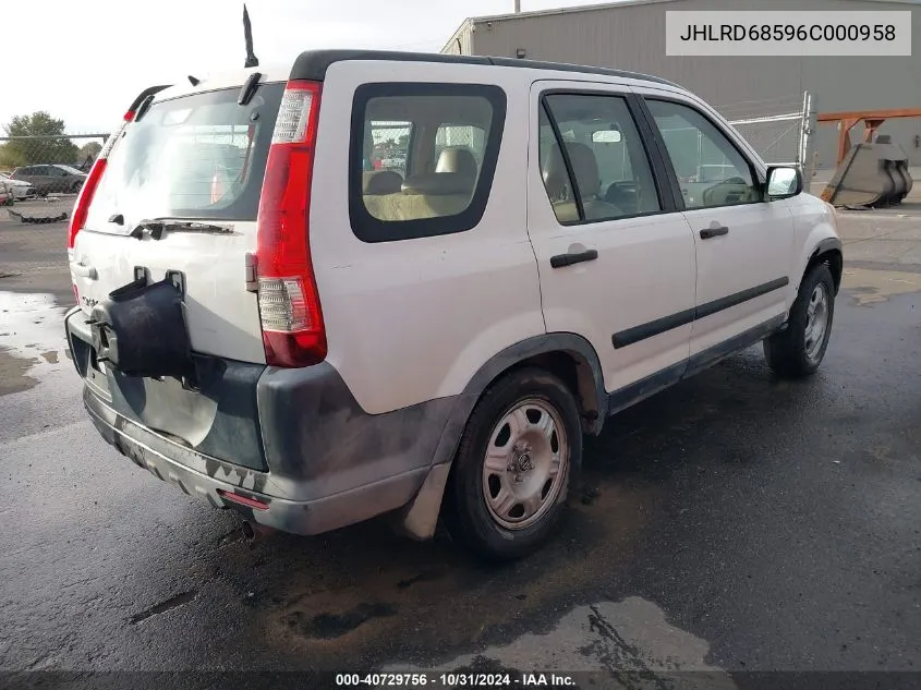 2006 Honda Cr-V Lx VIN: JHLRD68596C000958 Lot: 40729756