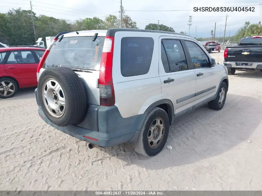 2006 Honda Cr-V Lx VIN: SHSRD68536U404542 Lot: 40922437