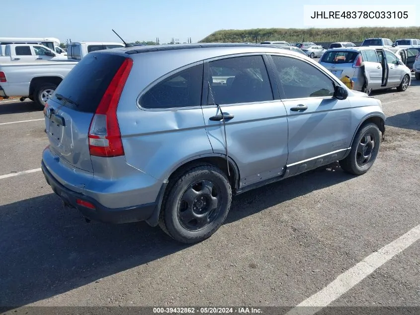 2008 Honda Cr-V Lx VIN: JHLRE48378C033105 Lot: 39432862