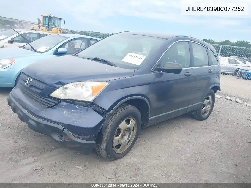 2008 Honda Cr-V Lx VIN: JHLRE48398C077252 Lot: 39512834