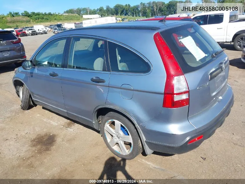 2008 Honda Cr-V Lx VIN: JHLRE48358C005108 Lot: 39748913