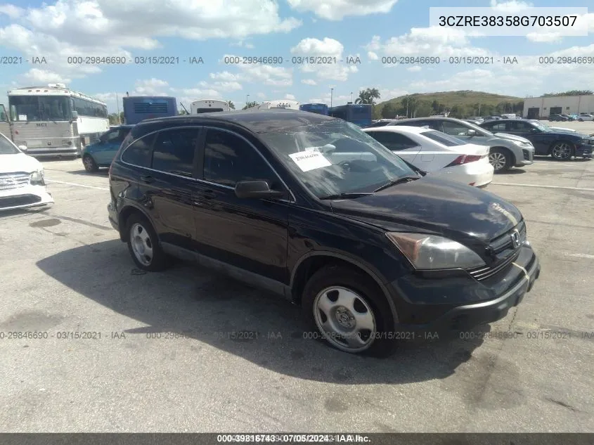 2008 Honda Cr-V Lx VIN: 3CZRE38358G703507 Lot: 39816743