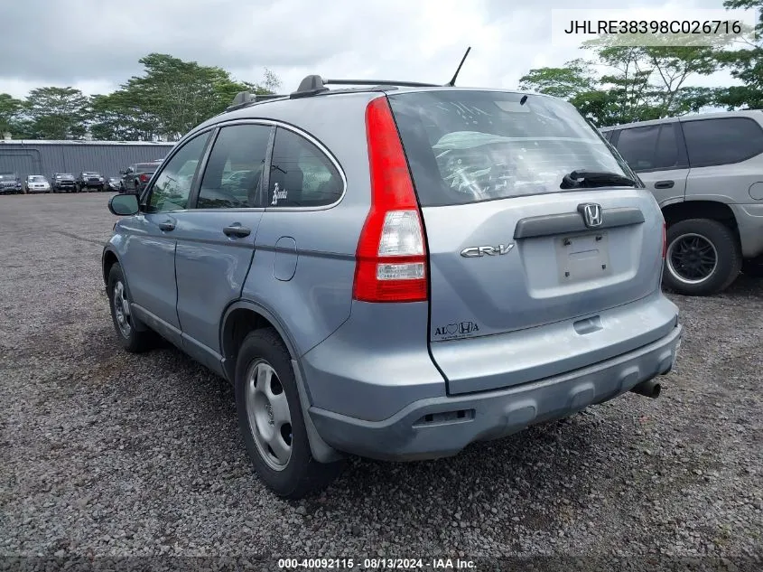 2008 Honda Cr-V Lx VIN: JHLRE38398C026716 Lot: 40092115