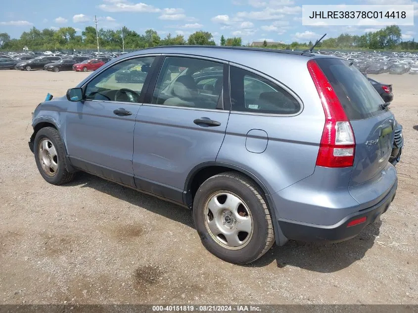 2008 Honda Cr-V Lx VIN: JHLRE38378C014418 Lot: 40151819