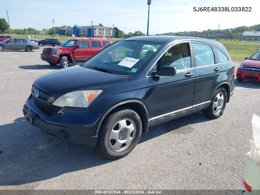 2008 Honda Cr-V Lx VIN: 5J6RE48338L033822 Lot: 40157834