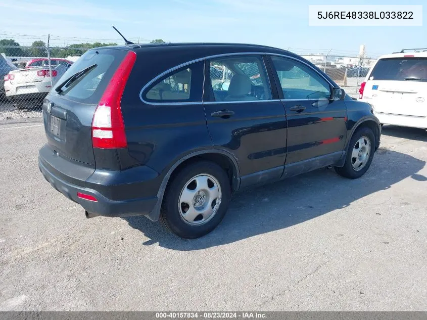 2008 Honda Cr-V Lx VIN: 5J6RE48338L033822 Lot: 40157834