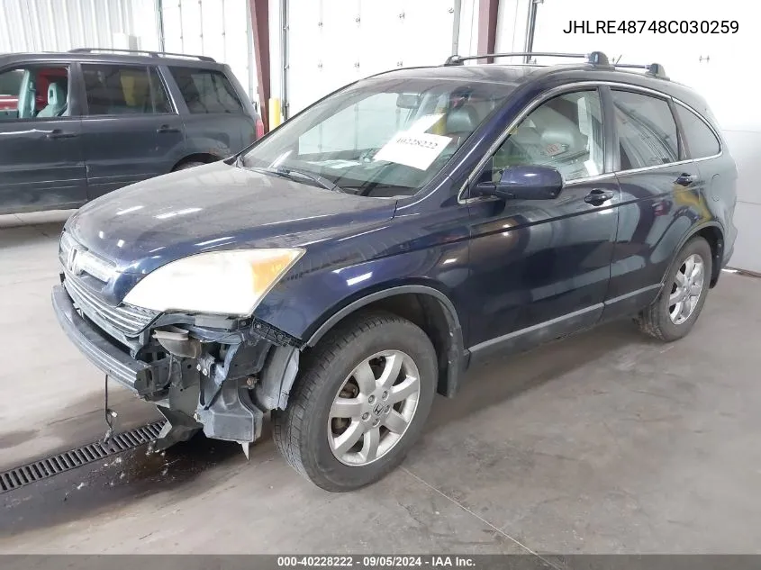 2008 Honda Cr-V Exl VIN: JHLRE48748C030259 Lot: 40228222