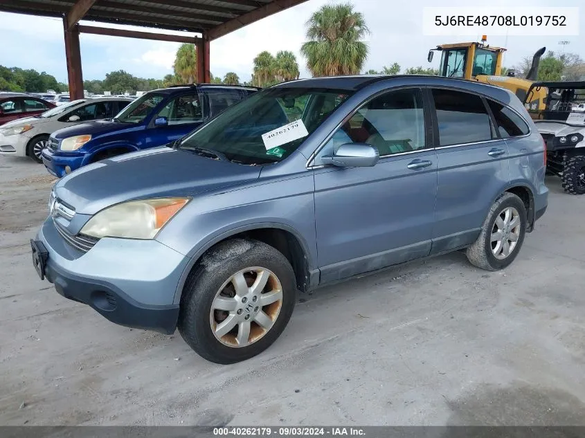 2008 Honda Cr-V Ex-L VIN: 5J6RE48708L019752 Lot: 40262179