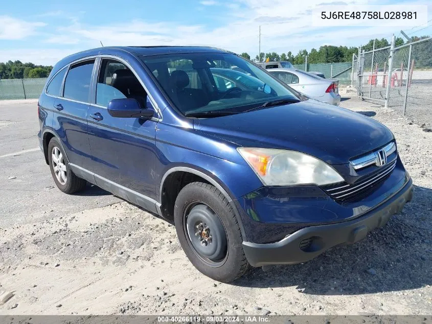 2008 Honda Cr-V Ex-L VIN: 5J6RE48758L028981 Lot: 40266119