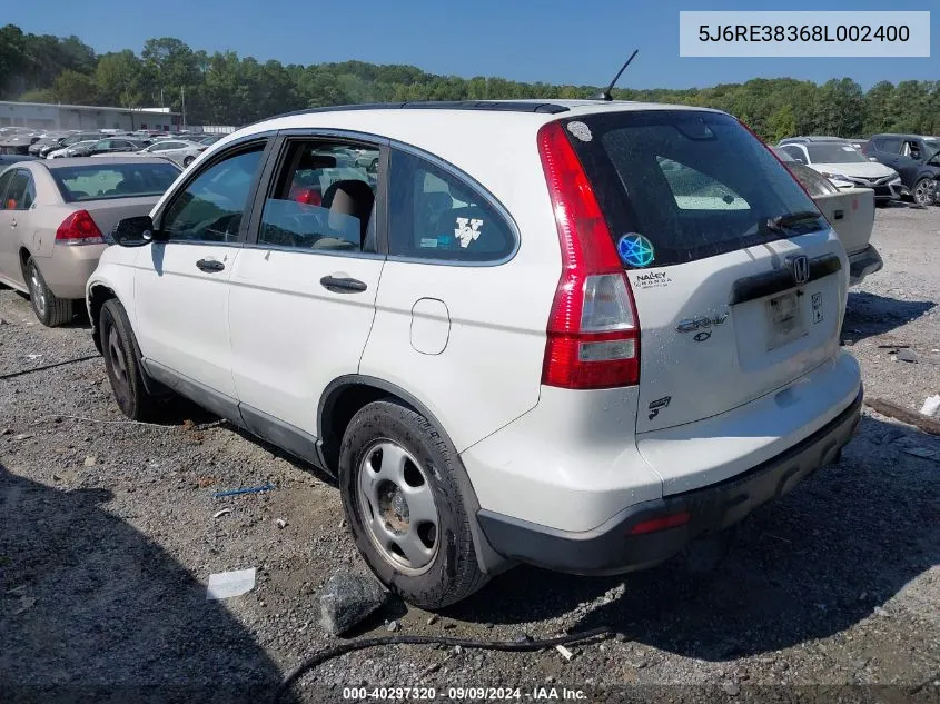 2008 Honda Cr-V Lx VIN: 5J6RE38368L002400 Lot: 40297320