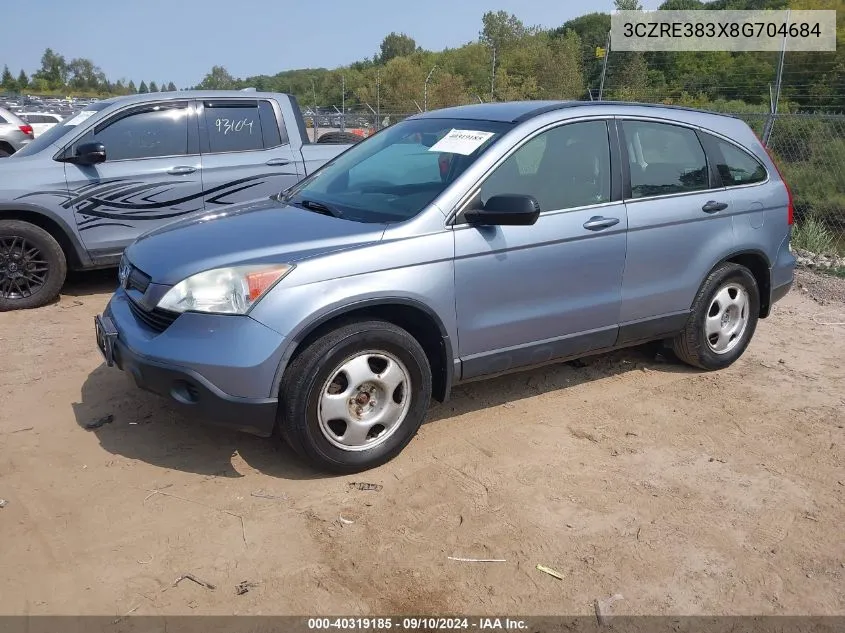 2008 Honda Cr-V Lx VIN: 3CZRE383X8G704684 Lot: 40319185