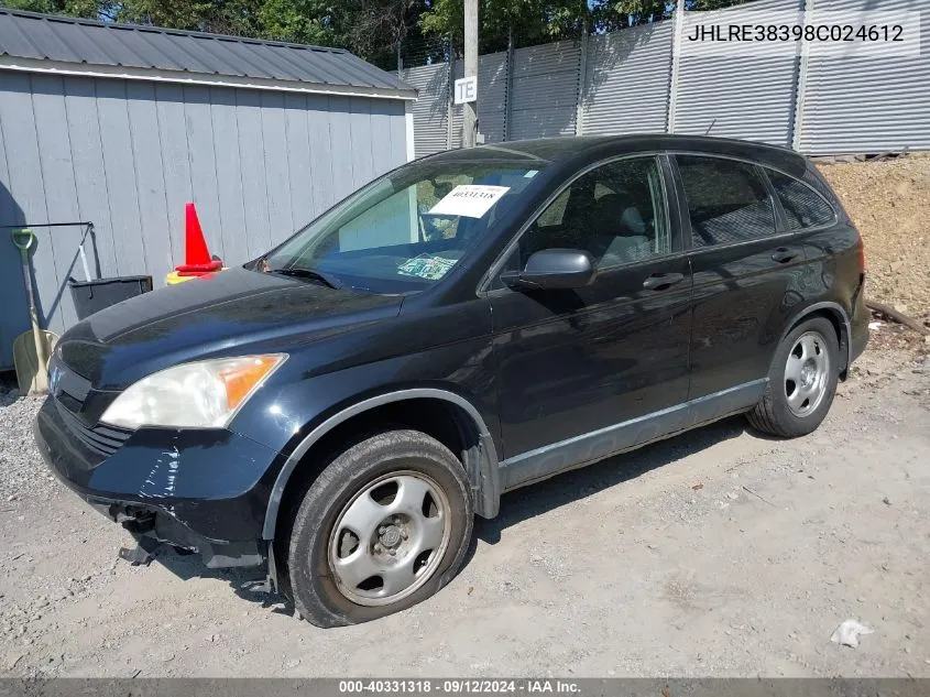 2008 Honda Cr-V Lx VIN: JHLRE38398C024612 Lot: 40331318