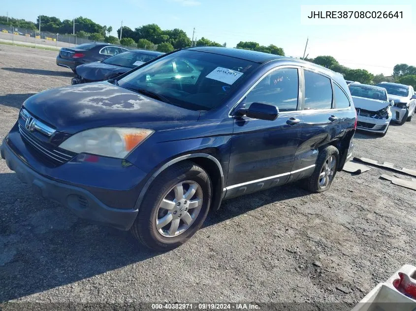 2008 Honda Cr-V Ex-L VIN: JHLRE38708C026641 Lot: 40382971