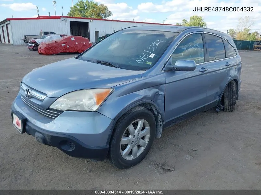 2008 Honda Cr-V Ex-L VIN: JHLRE48748C064332 Lot: 40394314