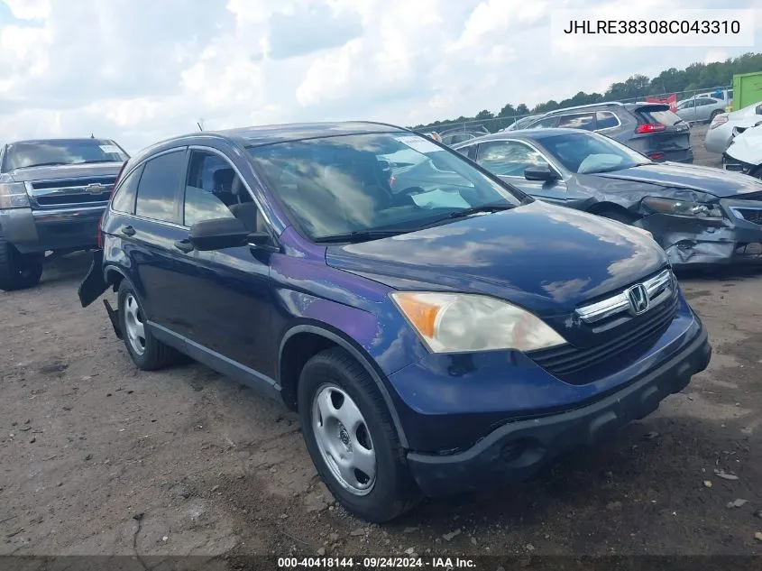 2008 Honda Cr-V Lx VIN: JHLRE38308C043310 Lot: 40418144