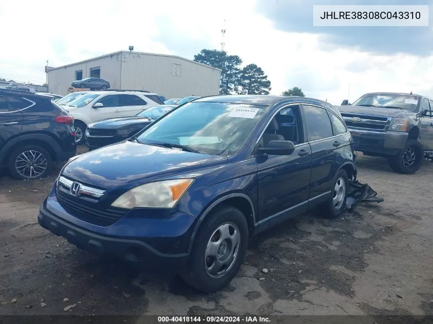 2008 Honda Cr-V Lx VIN: JHLRE38308C043310 Lot: 40418144