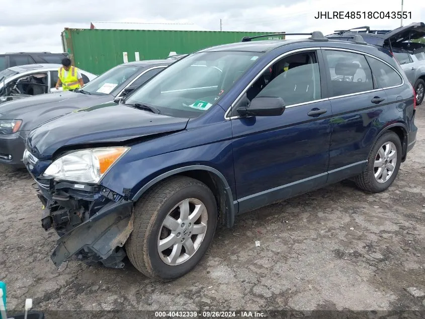 2008 Honda Cr-V Ex VIN: JHLRE48518C043551 Lot: 40432339