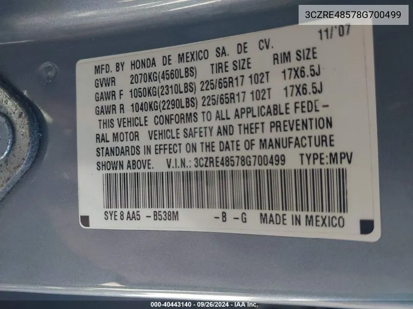 2008 Honda Cr-V Ex VIN: 3CZRE48578G700499 Lot: 40443140