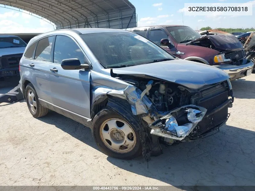 2008 Honda Cr-V Lx VIN: 3CZRE38358G708318 Lot: 40443756