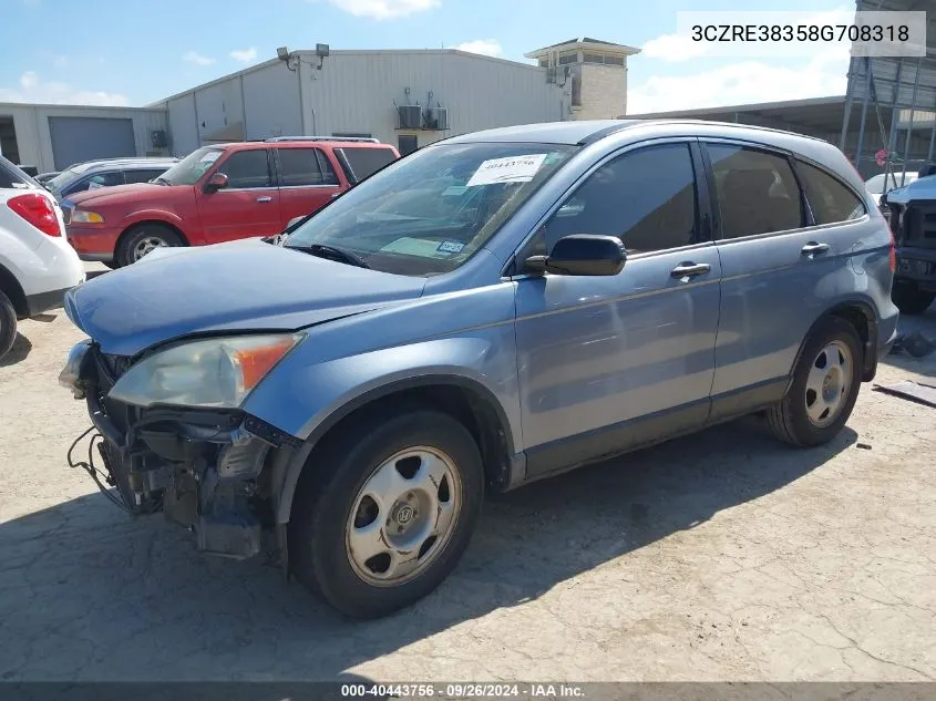 2008 Honda Cr-V Lx VIN: 3CZRE38358G708318 Lot: 40443756