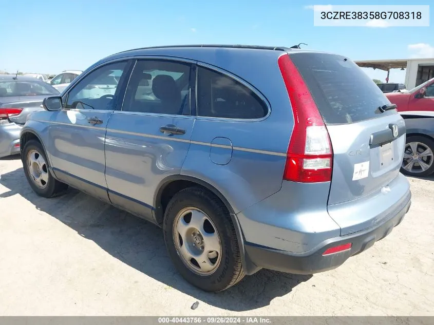 2008 Honda Cr-V Lx VIN: 3CZRE38358G708318 Lot: 40443756