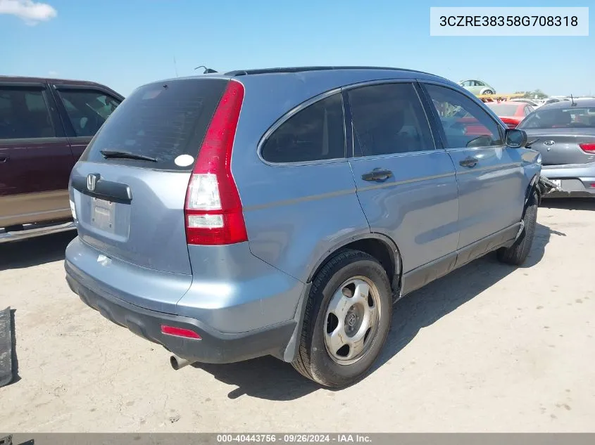 2008 Honda Cr-V Lx VIN: 3CZRE38358G708318 Lot: 40443756