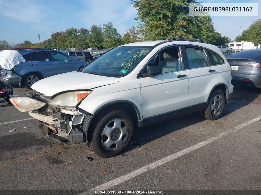 2008 Honda Cr-V Lx VIN: 5J6RE48398L031167 Lot: 40511930