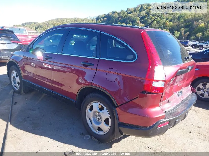 2008 Honda Cr-V Lx VIN: 5J6RE48338L002196 Lot: 40537389