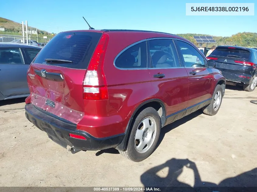 2008 Honda Cr-V Lx VIN: 5J6RE48338L002196 Lot: 40537389