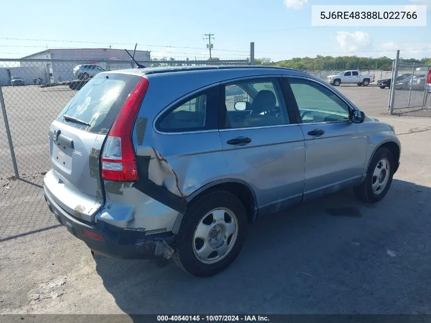 2008 Honda Cr-V Lx VIN: 5J6RE48388L022766 Lot: 40540145