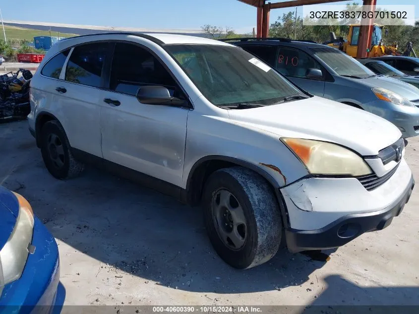 2008 Honda Cr-V Lx VIN: 3CZRE38378G701502 Lot: 40600390