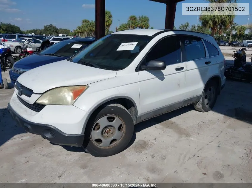 2008 Honda Cr-V Lx VIN: 3CZRE38378G701502 Lot: 40600390