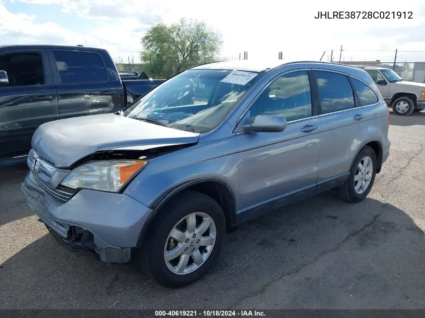 2008 Honda Cr-V Ex-L VIN: JHLRE38728C021912 Lot: 40619221