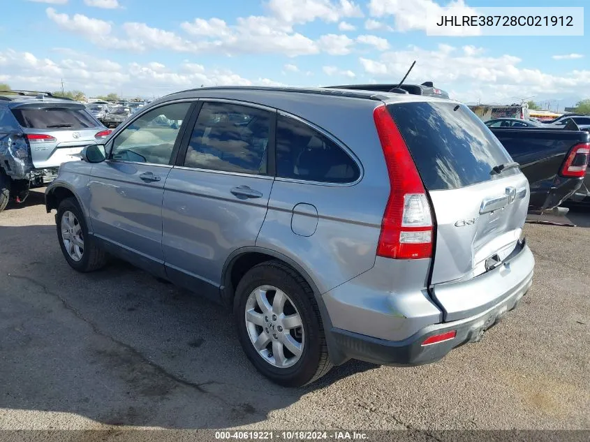 2008 Honda Cr-V Ex-L VIN: JHLRE38728C021912 Lot: 40619221