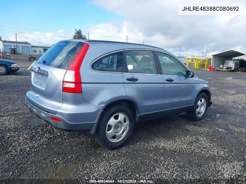 2008 Honda Cr-V Lx VIN: JHLRE48388C080692 Lot: 40634044