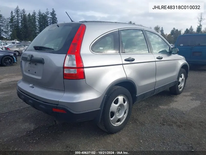 2008 Honda Cr-V Lx VIN: JHLRE48318C010032 Lot: 40637152