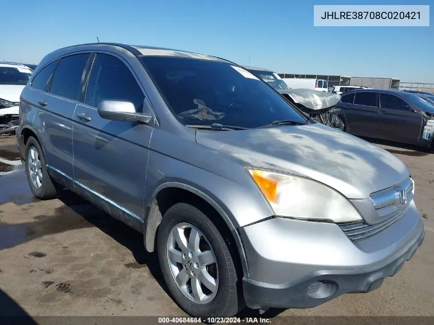 2008 Honda Cr-V Ex-L VIN: JHLRE38708C020421 Lot: 40684684