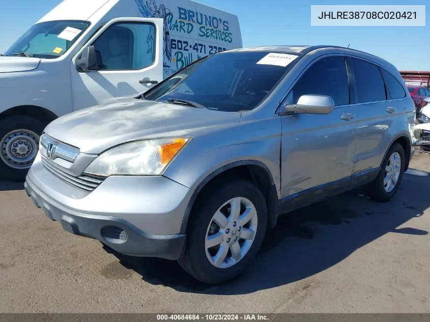 2008 Honda Cr-V Ex-L VIN: JHLRE38708C020421 Lot: 40684684