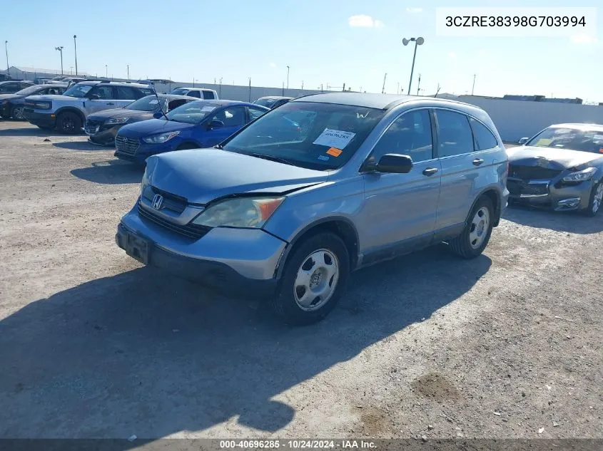 2008 Honda Cr-V Lx VIN: 3CZRE38398G703994 Lot: 40696285