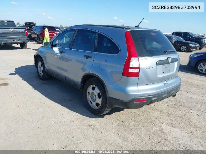 2008 Honda Cr-V Lx VIN: 3CZRE38398G703994 Lot: 40696285