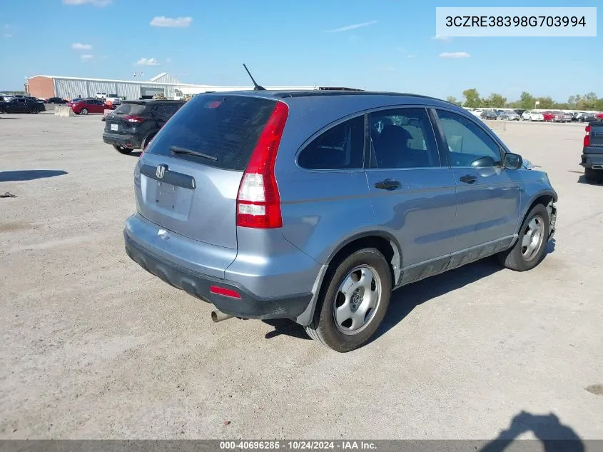 2008 Honda Cr-V Lx VIN: 3CZRE38398G703994 Lot: 40696285